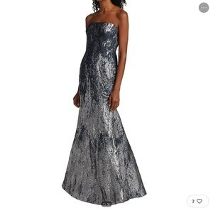 Rene Ruiz Collection Silk Taffeta Navy and Silver Metallic Gown $2250 Retail